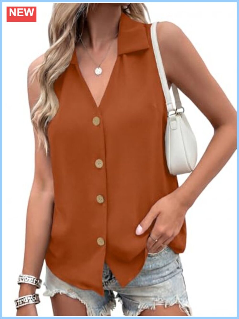Women's Button Down Sleeveless Blouse V Neck Tank Top Loose Fit
